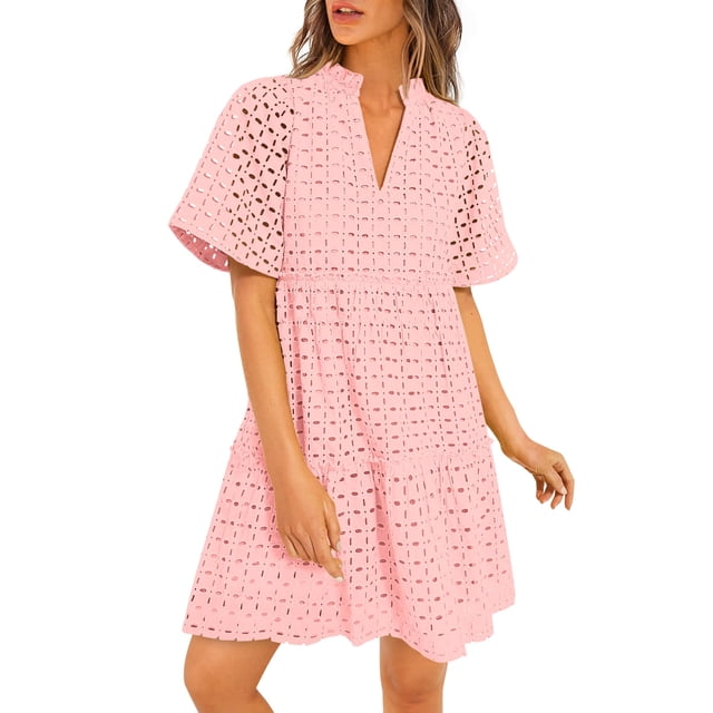 Vestido PRETTYGARDEN para mujer, manga corta, cuello en V, ojales, rosa