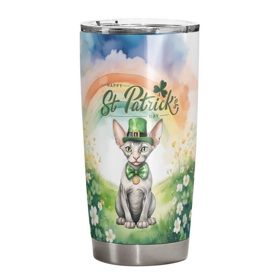 Happy St. Patrick’s Day Sphynx with Green Hat Shamrocks Rainbow 20oz Stainless Steel Tumbler Insulated Cup with Lid Cat Lover Kitten Owner Gifts Idea - 03007