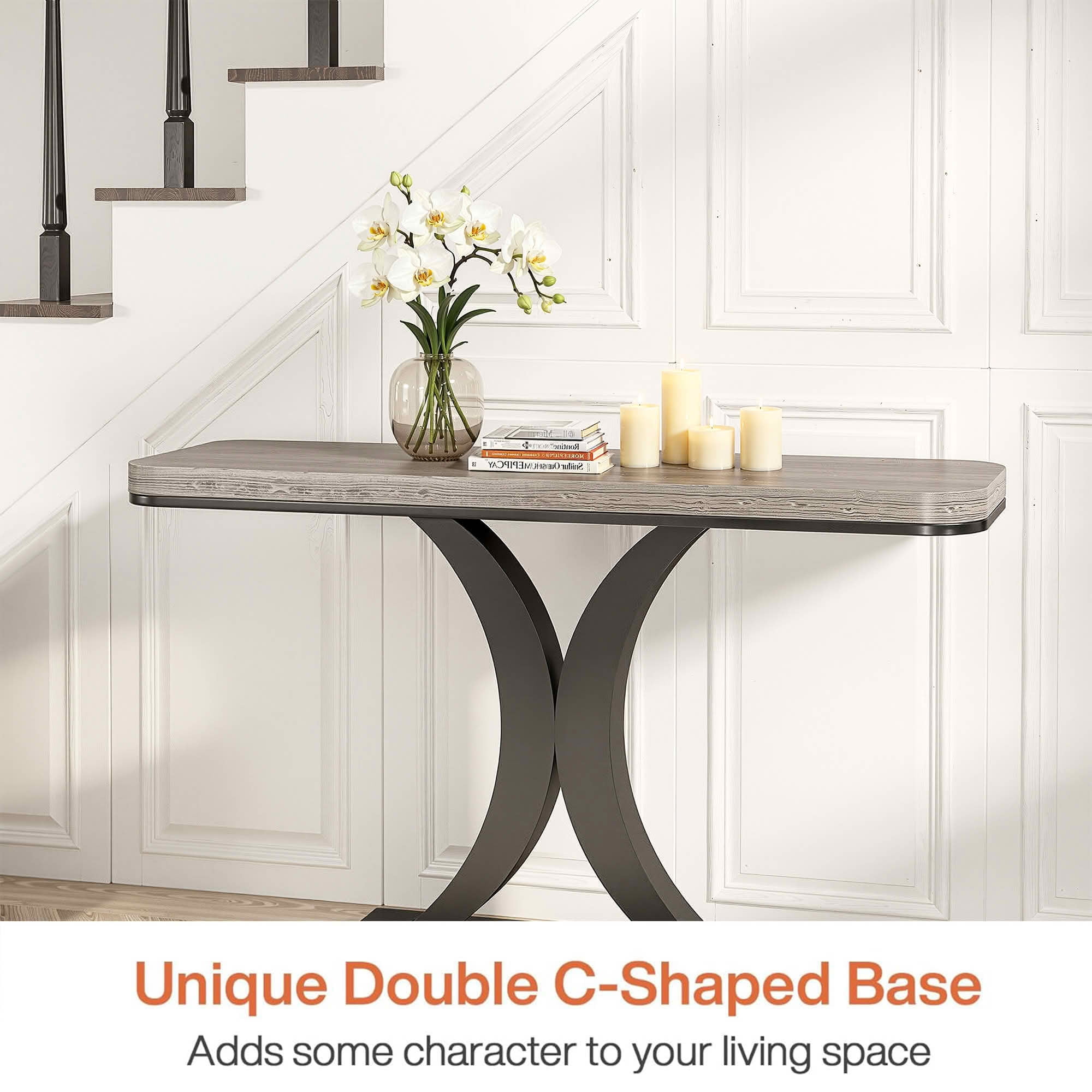 MAYEERTY 40 Inch Modern Industrial Narrow Console Table, Curved Wood Top Geometric Black Metal Base Entryway Decor Table