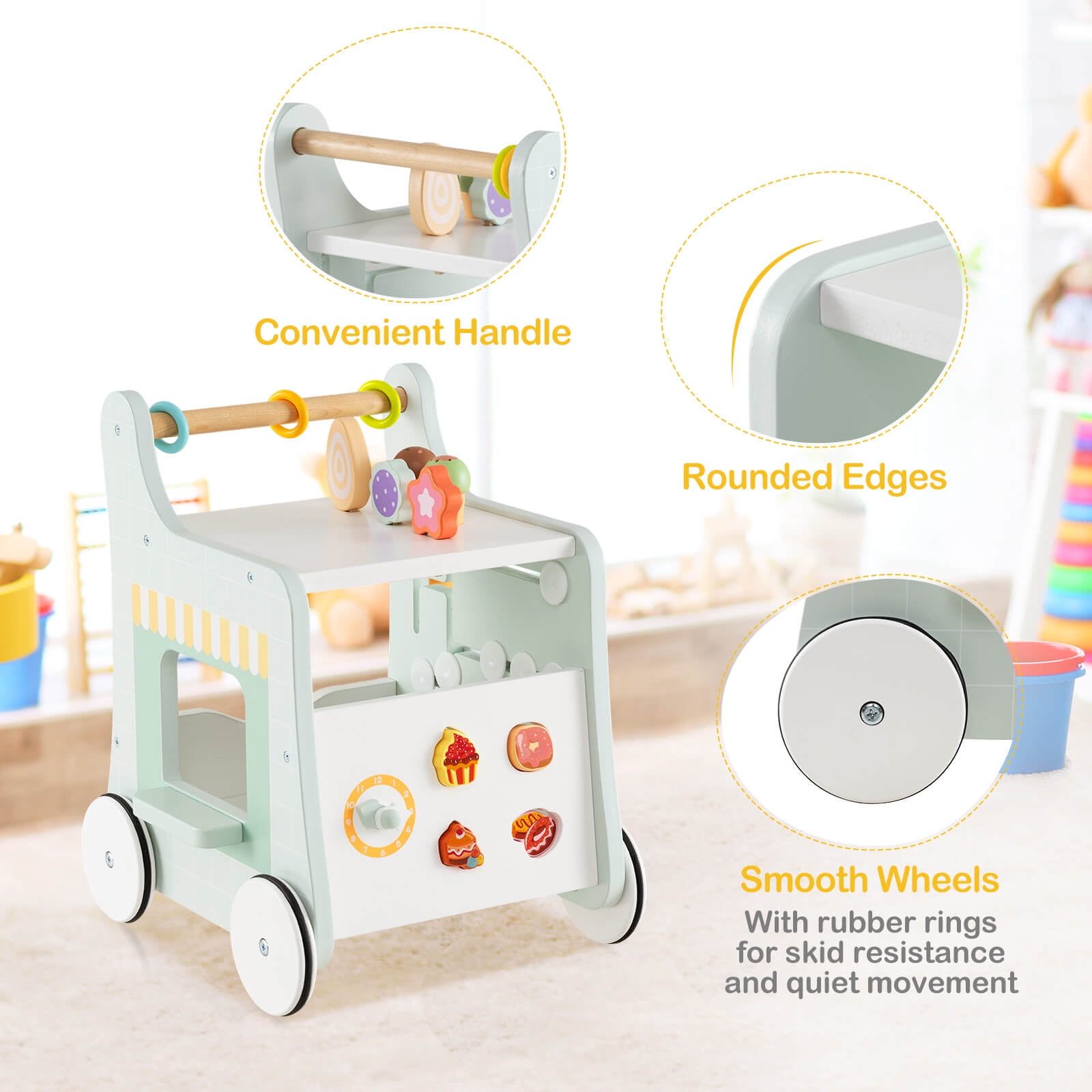 Infans Wooden Baby Walker Ice Cream Cart Toy with Sweet Accessories & Smooth Wheels