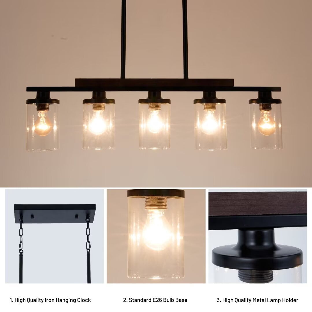 AFANQI 5 Light Black Kitchen Island Pendant, Modern Dining Room Linear Light Fixture, 31" Black Pendant with Clear Glass Shade
