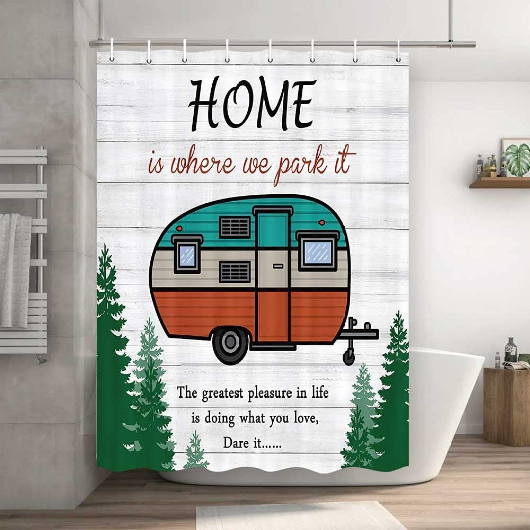 "Camper RV Shower Curtain, Rustic Forest Shower Curtain for Travel Trailers, 47 x 64 Curtains