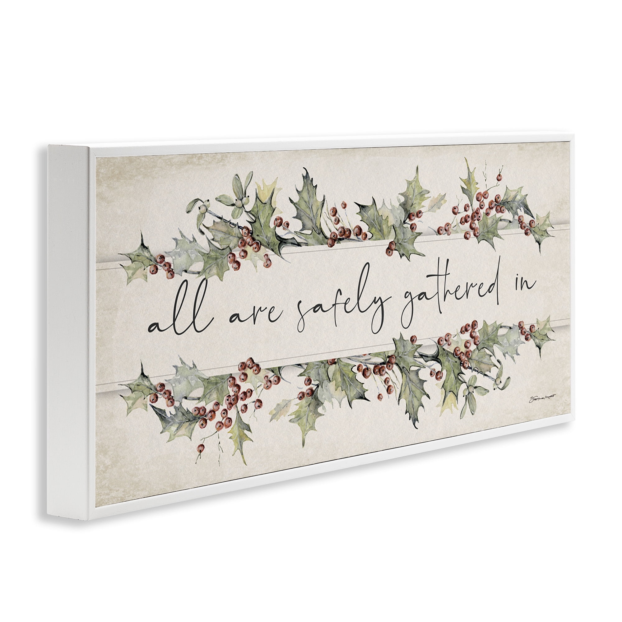 Stupell Industries All Safely Gathered Phrase Holiday Painting White Framed Art Print Wall Art, 24 x 10