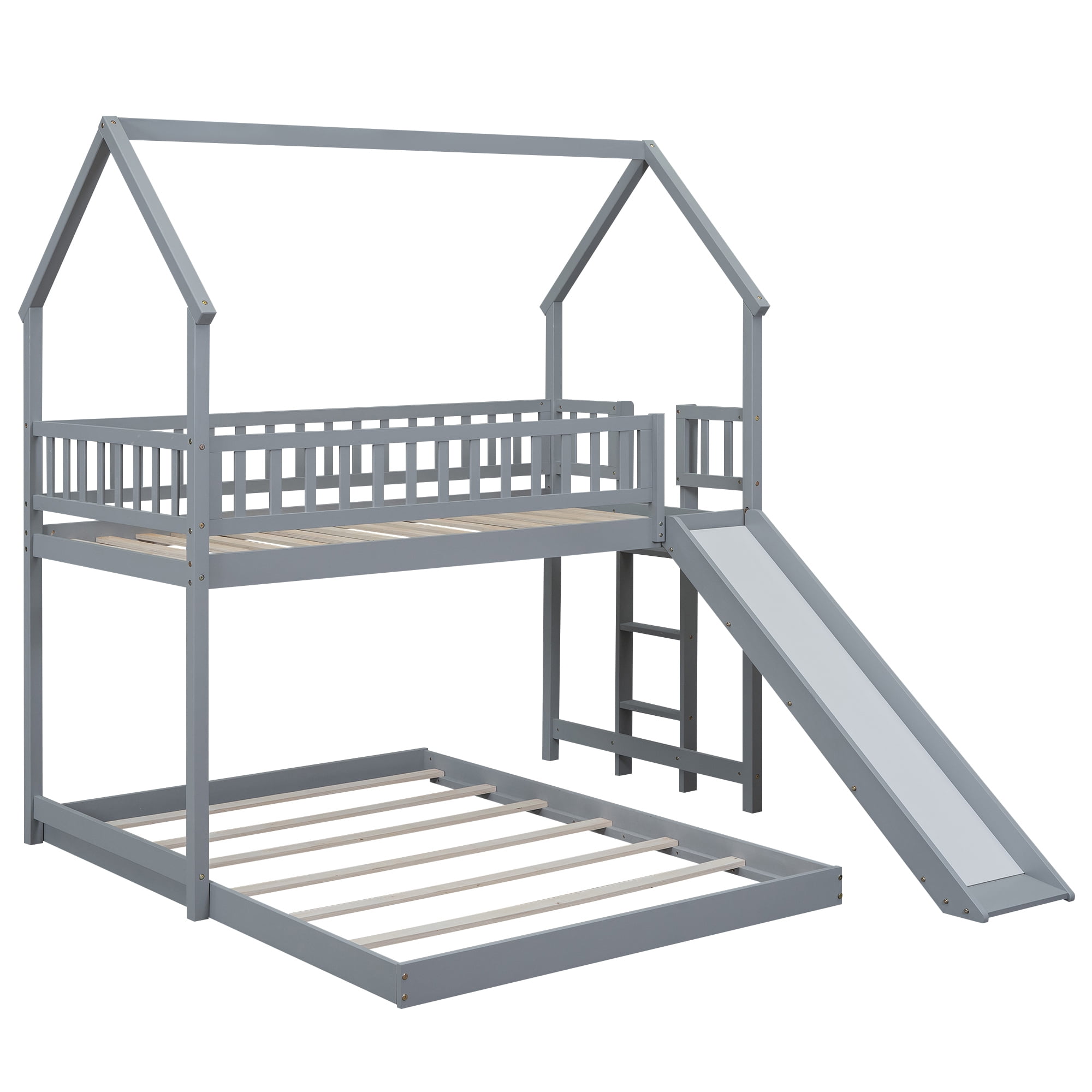 Twin Over Full House Bunk Beds with Slide, Kids Bunk Beds with House Shape Roof, Solid Wooden House Bunk Bed with Built-in Ladder, Full-Length Guardrail for Kids Teens Adults