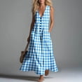 thumbnail image 2 of Makaor Summer Linen Dresses for Women A Line Button Maxi Dresses Plus Size Sleeveless Dress Gingham V Neck Beach Vacation Clothes with Pockets Blue 2XL, 2 of 7