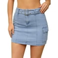 thumbnail image 4 of INSPIRE CHIC Women's Skirt Denim High Waisted Stretch Belted Cargo Pocket Bodycon Mini Skirts S Light Blue, 4 of 6