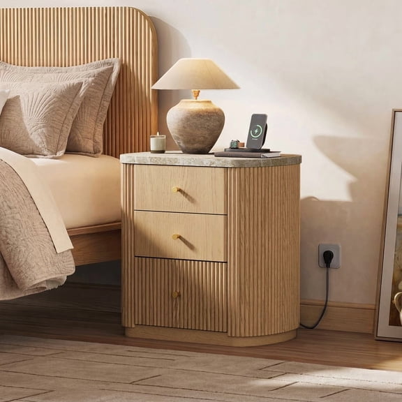 GALAXHERO Oak Mid Century Modern Nightstand with Charging Station, 3-Drawer Fluted Wood Bedside Table with Faux Marble Top for Bedroom Living Room