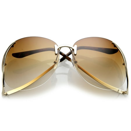 Women's Rimless Curved Metal Arms Round Tinted Lens Oversize Sunglasses 67mm (Gold / Amber)