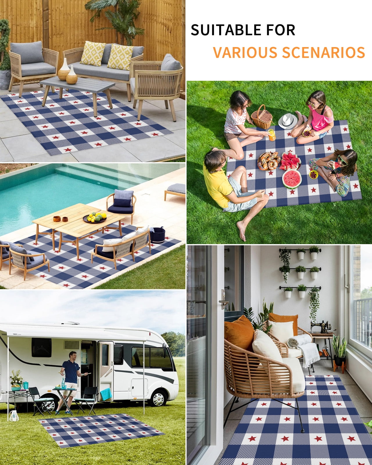 Outdoor Rug 4x6 ft 4th of July Red Americana Stars Waterproof Outdoor Patio Rug Mat Non Slip Outside Area Rugs Carpet for RV,Camping,Porch,Deck,Pool,Balconybackyard,Blue White Check Plaid
