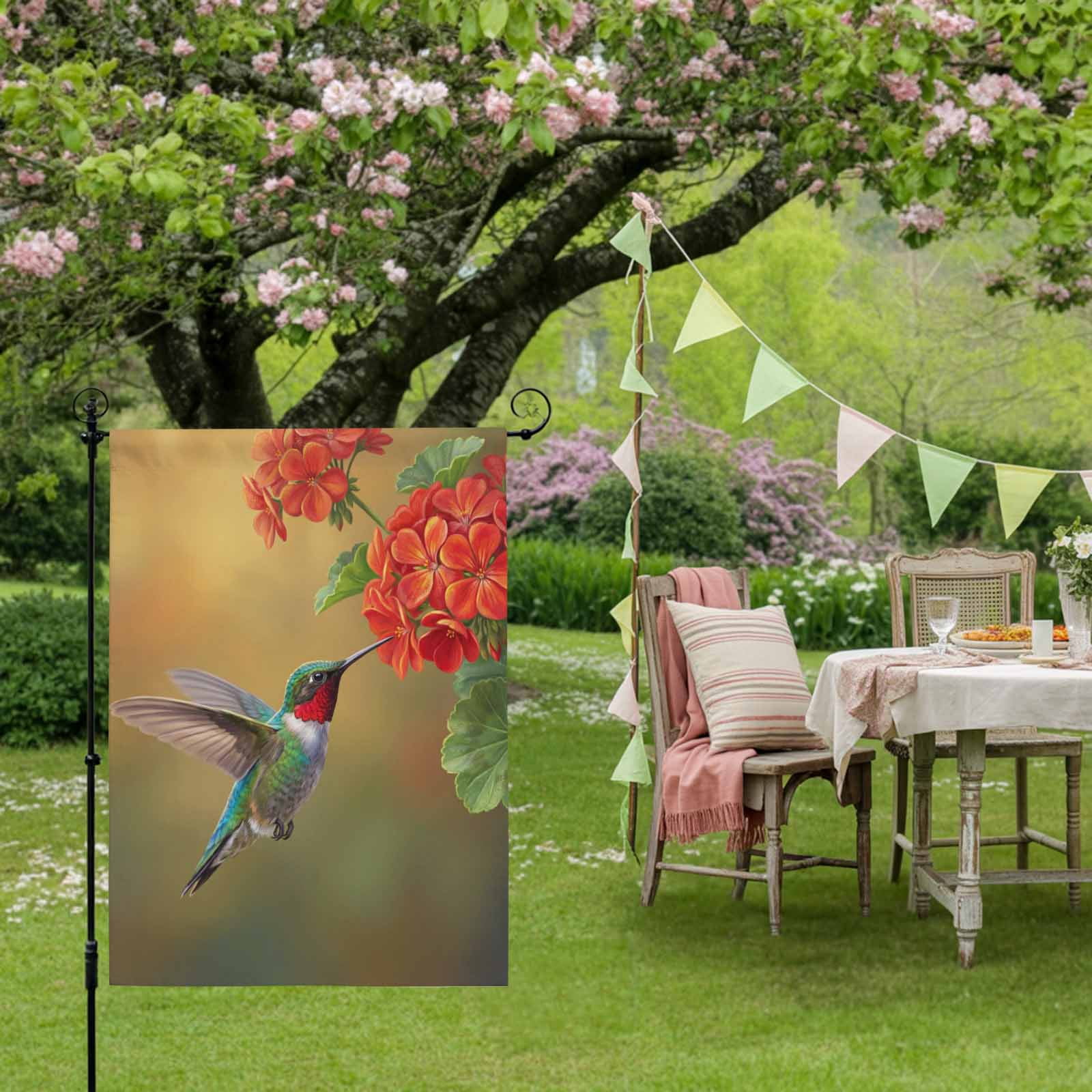 Bird Floral House Flag 28 x 40 Inches, Red Flower Hummingbird Spring Plant Realistic Nature Weather Proof Outdoor Patio Flags Double Sided Small House Decoration for Yard Lawn Outside Home