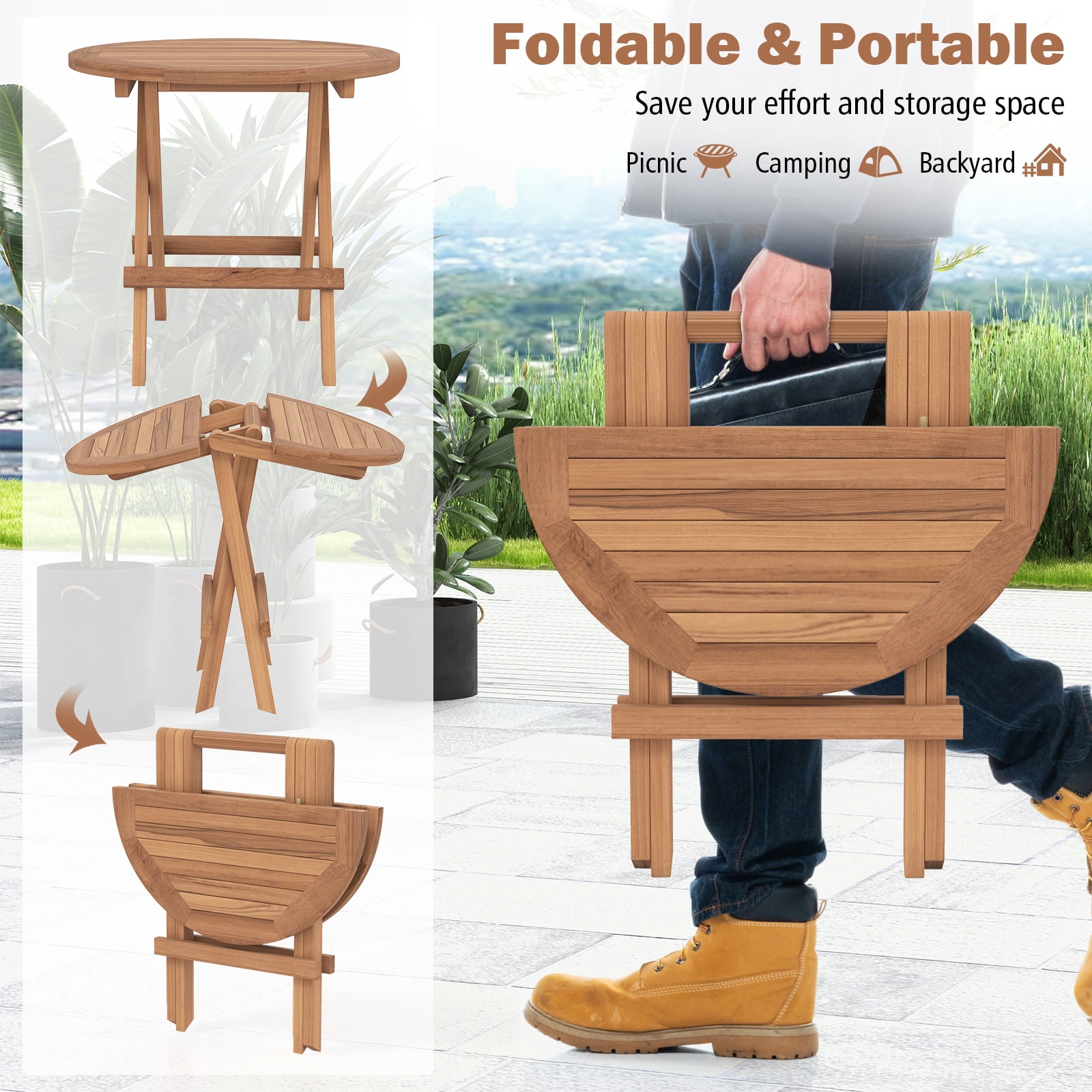 Gymax Teak Folding Table - Long desks for furniture retail