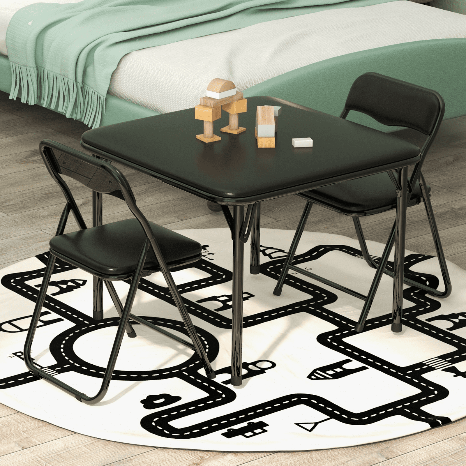 Rugerasy 3PC Folding Upholstered Table and Chair, Square Card Table and Chair Set with Pu Soft Cushion, Metal Frame Activity Table and Chairs Set for Daycare and Classroom,Black