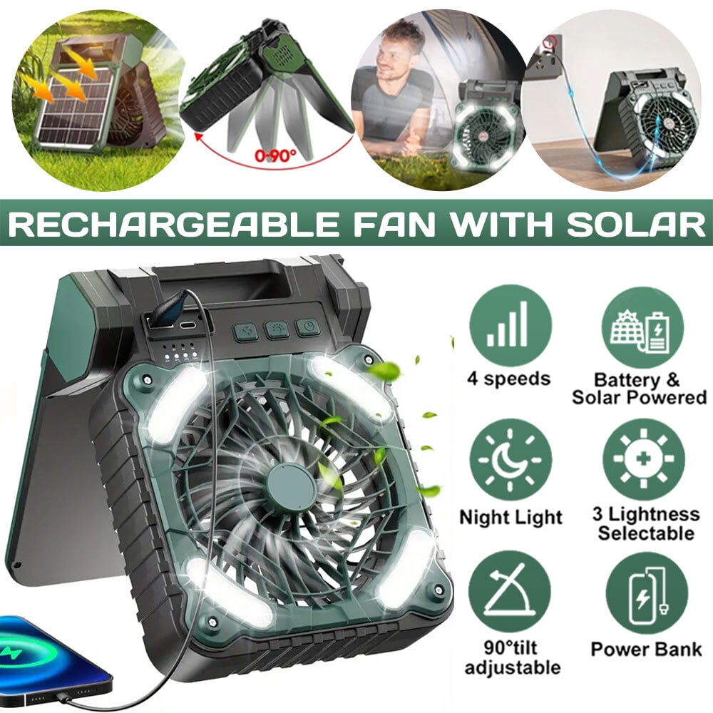 Solar Camping fan, 10000mAh Camping Fan with Solar Panel, LED Light, 4 Speeds 3 Timers Pivot 90 , USB Rechargeable Solar Powered Fan for Camping, Fishing, Travel