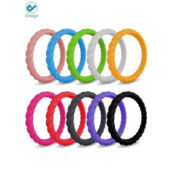 Deago Silicone Wedding Ring for Women Thin Braided Rubber Band Ring 10Pcs Colorful, Comfortable fit & Skin Safe