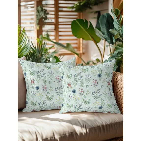Outdoor Pillows Waterproof, Sage Green Wildflowers Bedding Throw Pillows with Insert for Couch Sofa Bed, Farmhouse Summer Botanical 18x18 Inch Pillowcases Decorative Camping Patio Pillow Set of 2