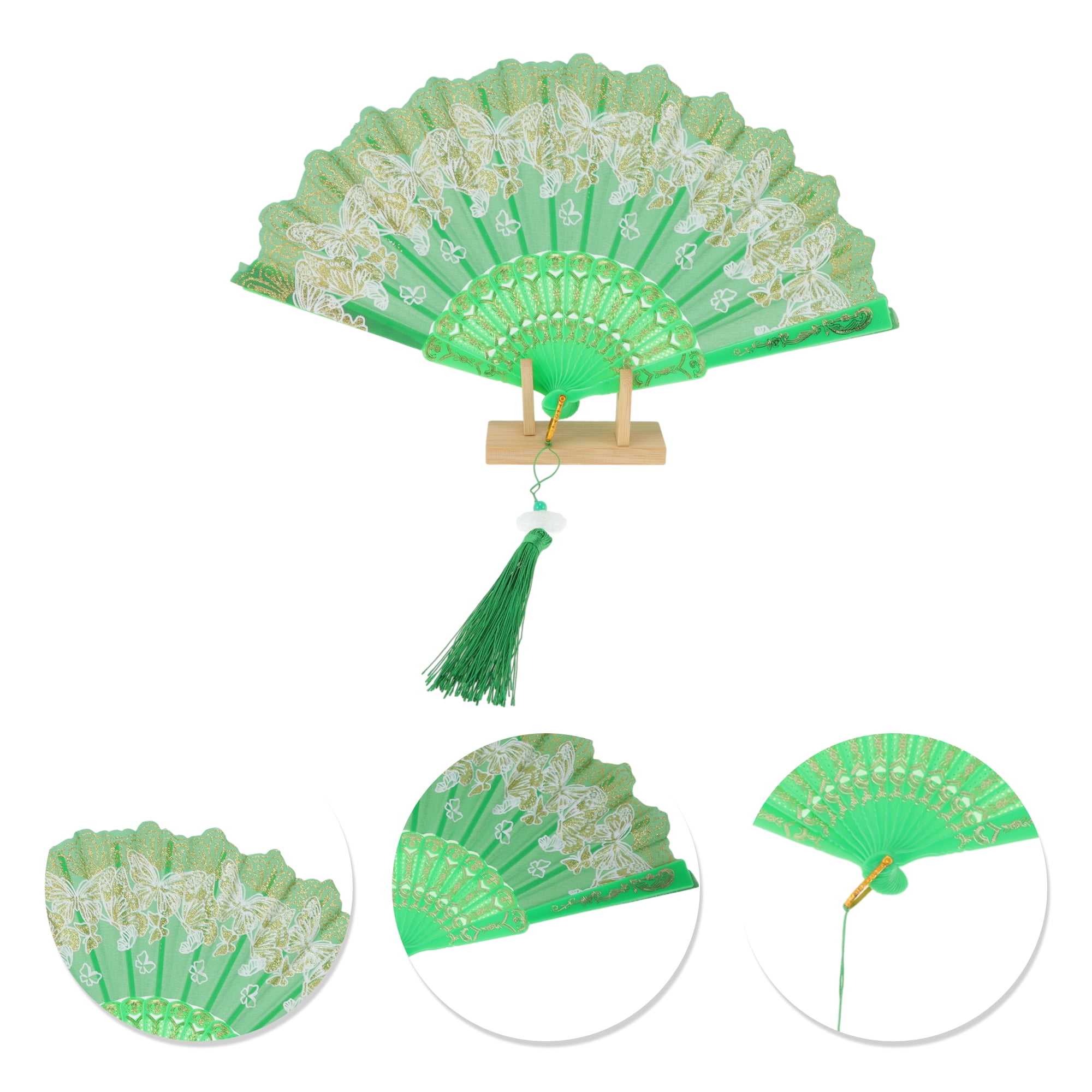 Unique Bargains Elegant Butterfly With Tassel Folding Fan 1PC Green