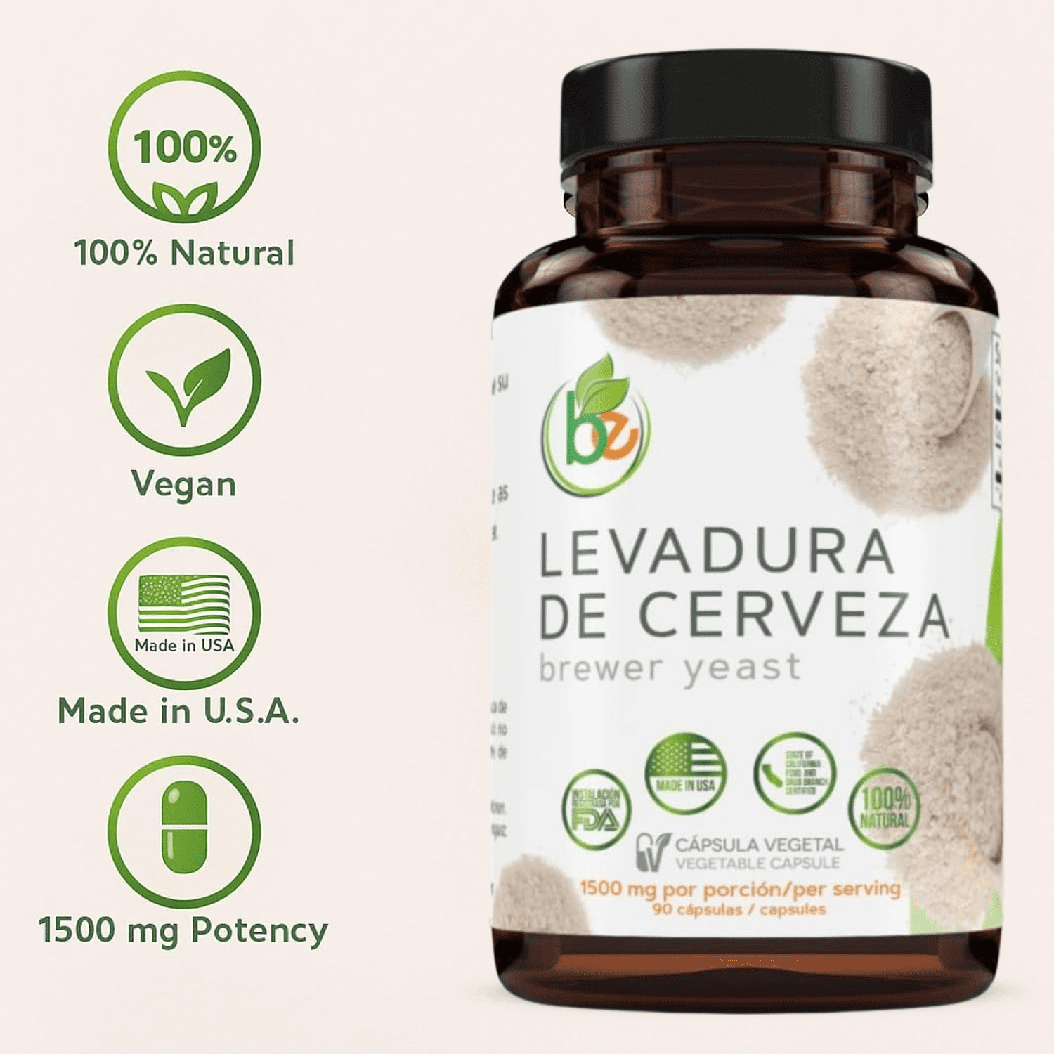 Levadura De Cerveza (Brewer’s Yeast Capsules) – 1500 mg Per Serving, 90 Veggie Caps – 100% Natural, Made in USA – Nutrient-Rich Superfood for Digestive & Immune Support | Dietary Supplement