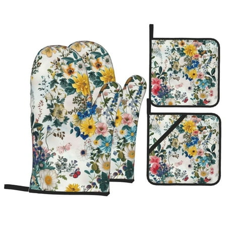 

Floral Botanical Oven Mitts and Pot Holders Heat Resistant Plate Moving Non-Slip Gloves for BBQ Grill Baking Cooking Oven