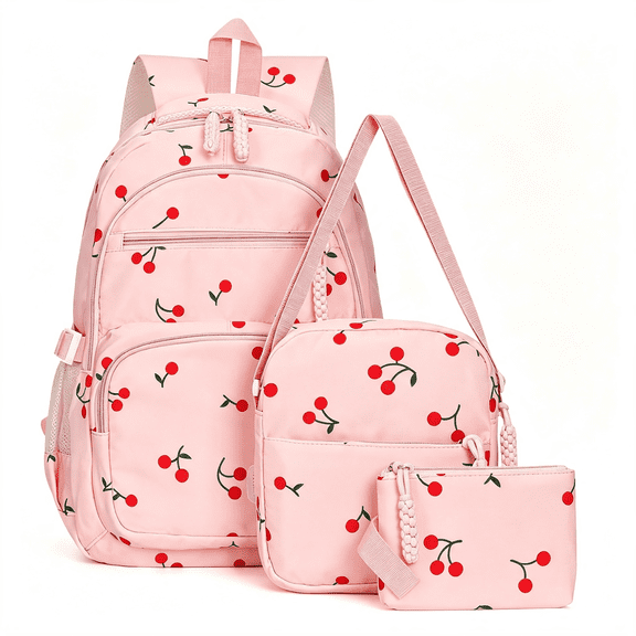 GASTROPOD Bow Backpack for Women Kawaii Coquette Nylon Backpack 3Pcs Set Cute College Laptop Rucksack Fashion Travel Daypack,Sweet Style Pink Cherry Backpack (Pink Cherry)