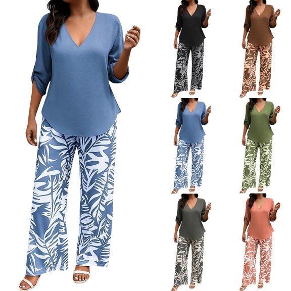 BWASD Womens Pajamas Set 2 Piece Summer Casual Elegant Print Loose Sleepwear V Neck Short Sleeve Top and Long Pants With Pockets Pjs Set Leisure Home Wear Daily (Black L)