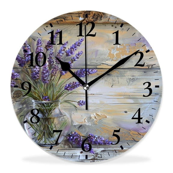 10 Inch Wall Clock Battery Operated Silent Clock Decorative for Office, Kitchen, Outdoor, Living Room，Vintage Lavender Flowers Wooden Lovely