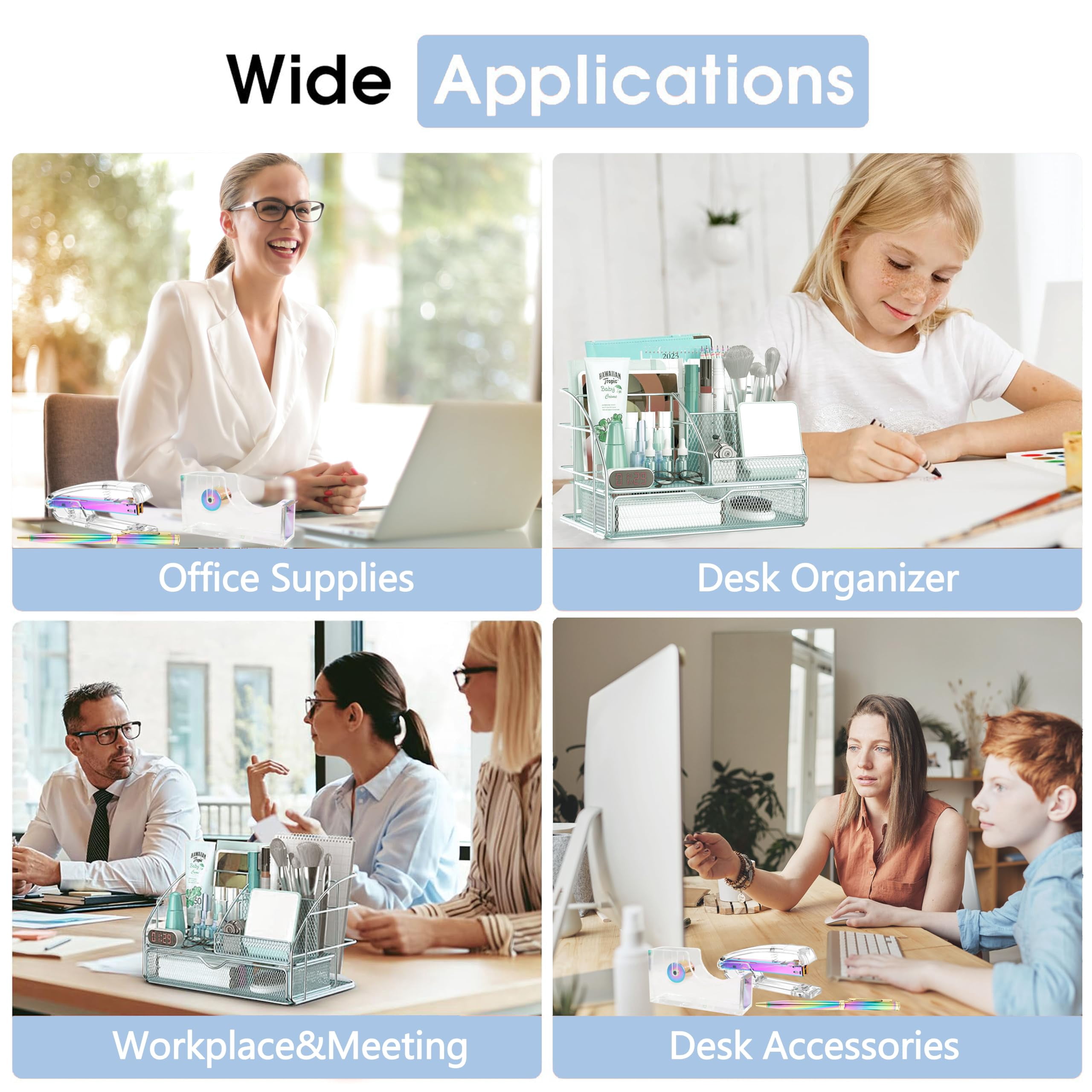 Dream Color Desk Accessories  Office Organizers And Supplies With Mesh Organizer Tape Dispenser Stapler Staples Ballpoint Pen Clips Set Ruler Scissor Sticky Tabs