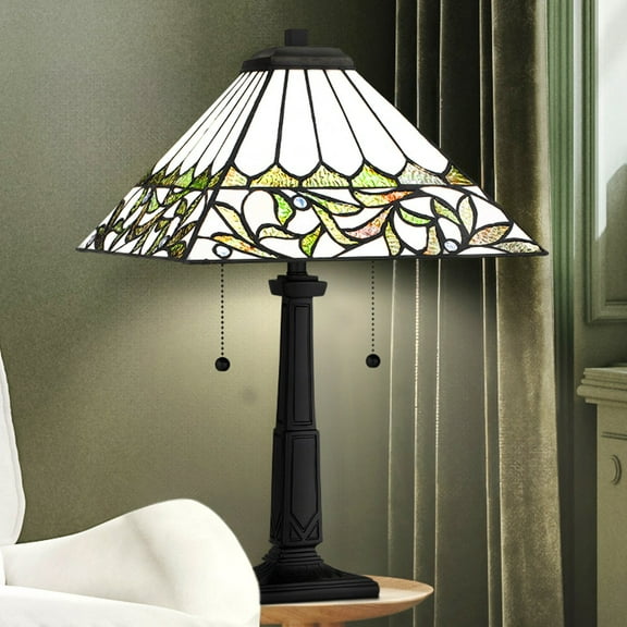 Luxury Posh Tiffany Table Lamp, Large Size: 23''H x 14''W, with Cottagecore Style Elements, Matte Black Finish, UQL7007 from the Harrow Collection by Urban Ambiance