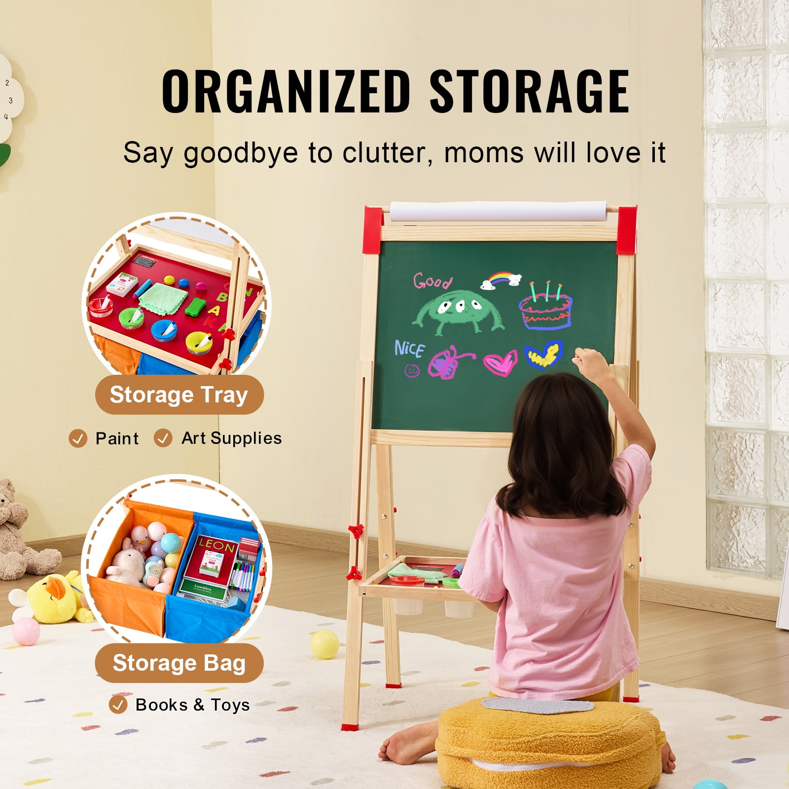 VEVOR Art Easel for Kids,3-in-1 Wooden Double-Sided Kides Art Easel with Magnetic Whiteboard, Chalkboard, Paper Roll, Adjustable Standing Drawing Board with Painting Accessories, Storage for Boy Girl