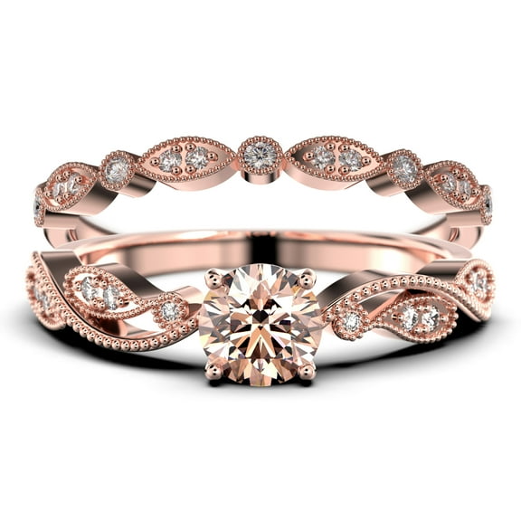 Dazzling Boho & hippie 1.75 Carat Round Cut Morganite And Diamond Moissanite Classic Inspired Engagement Ring, Unique Twist Band Wedding Ring in 10k Solid Rose Gold, Promise Ring, One Matching Band