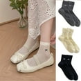 thumbnail image 2 of Women Japanese Girl Solid Color Cotton Ankle Socks Sweet Bowknot Embroidery Hollow Out Breathable Short Tube Socks, 2 of 9