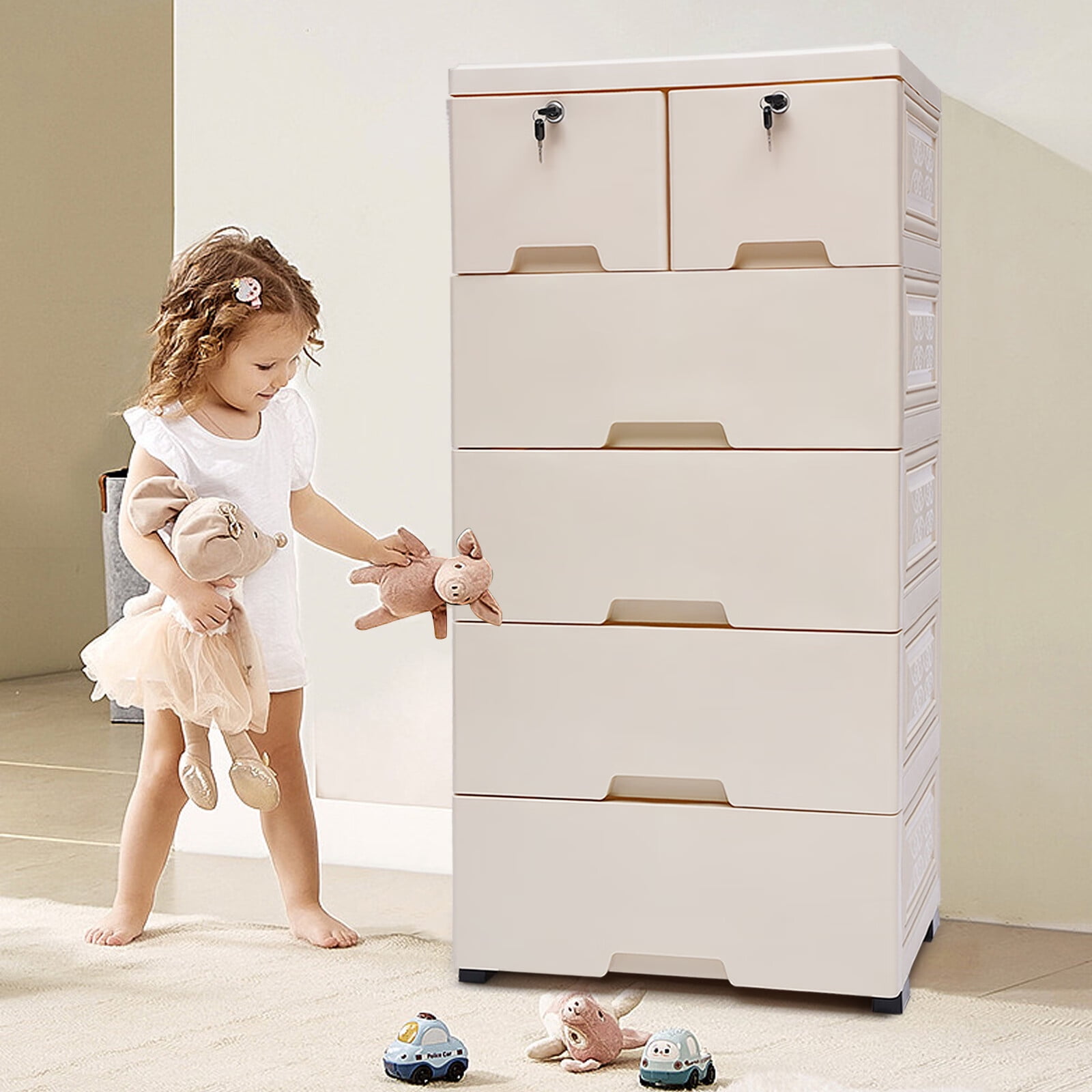 Storage Cabinet with 6 Drawers Tall Dresser Movable Plastic Organizer with  Wheels and Locks for Clothes Toys Books, Playroom Bedroom Furniture Beige