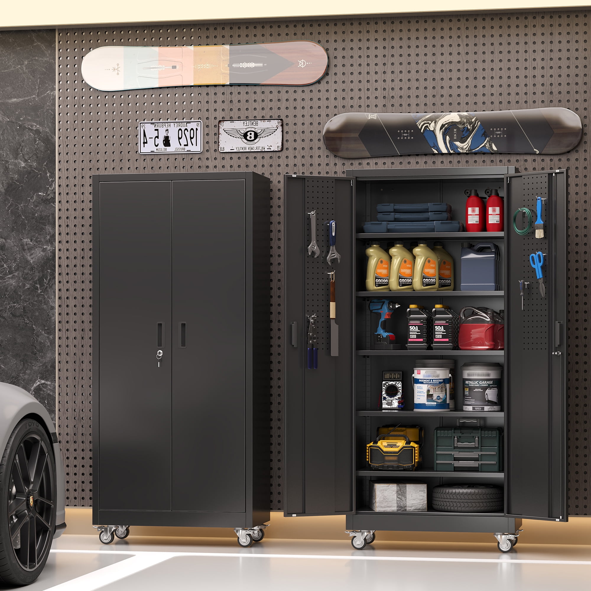 HUAXRON 71 inches Tall Metal Rolling Garage Storage Cabinets with Locking Doors and 5 Adjustable Shelves, Metal Storage Cabinet for Garage, Office, Home, Classroom, Assemble Required(Black)