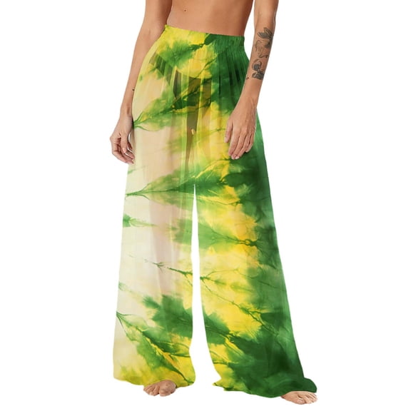 Gamivast Swimsuit Cover up Pants for Women High Waisted Mesh Beach Trousers Wide Leg Sheer Flowy Bottoms Summer Vacation Pool Party Swimwear