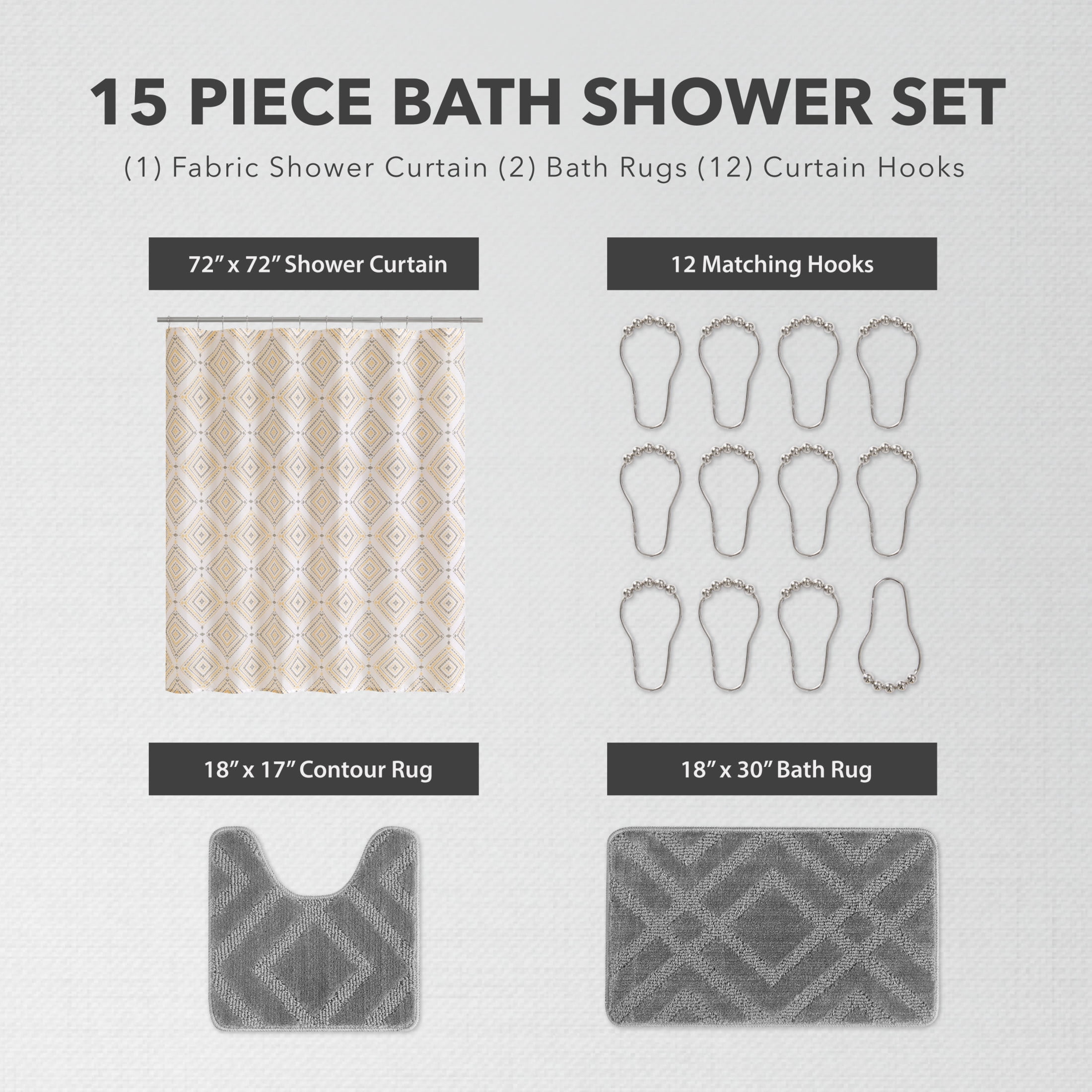 CHI Jericho Shower Curtain with Hooks and Rugs Modern Washable 72" W x 72" L 15-Piece Set