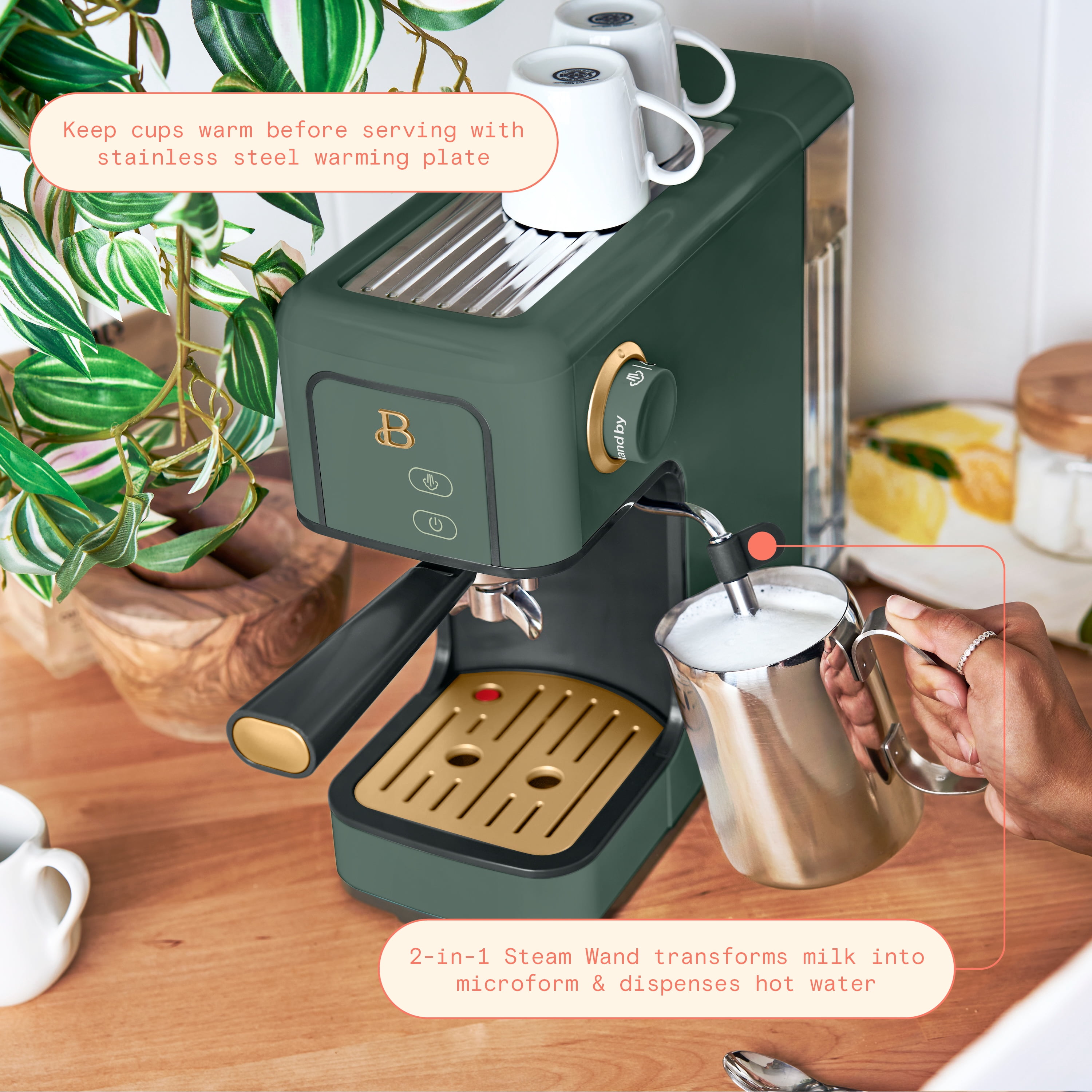 Beautiful Slim Espresso Machine with 20-Bar Pressure, Thyme Green by Drew Barrymore