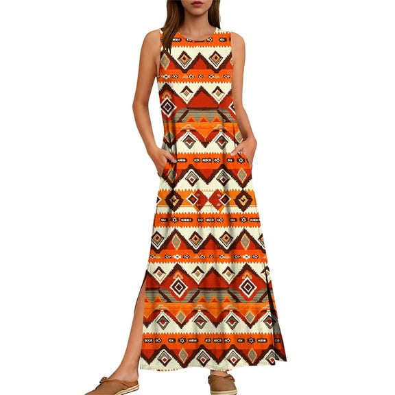 Dgankt Dresses for Women Summer Casual Sleeveless Print Maxi Dress with Pockets,Sizes S-2XL