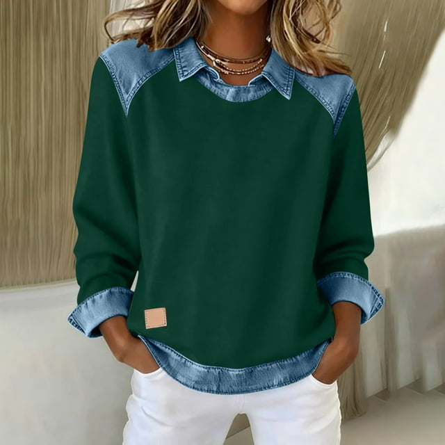 TACILIP Fall Fashion Long Sleeve Shirts for Women Denim Patchwork Sweatshirt Casual Pullover Tops Spring Outfits