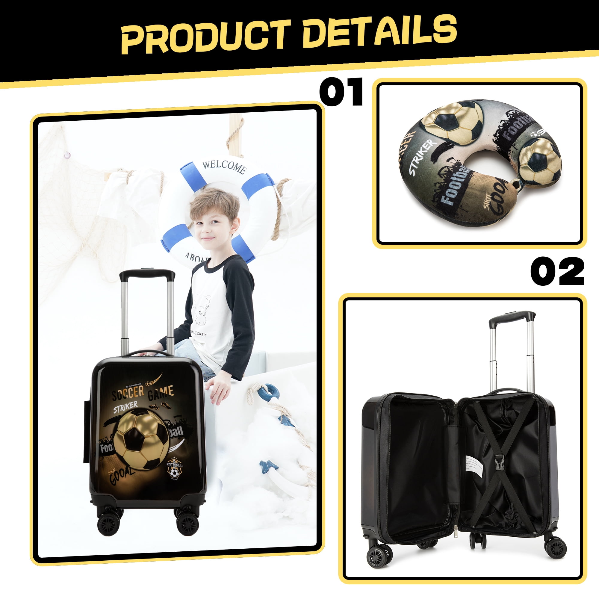 Kids Carry on Luggage Sets for Boys 5 Piece Hardshell Suitcase with Wheels with Travel Pillow School Backpack Lunch Bag 16 inch