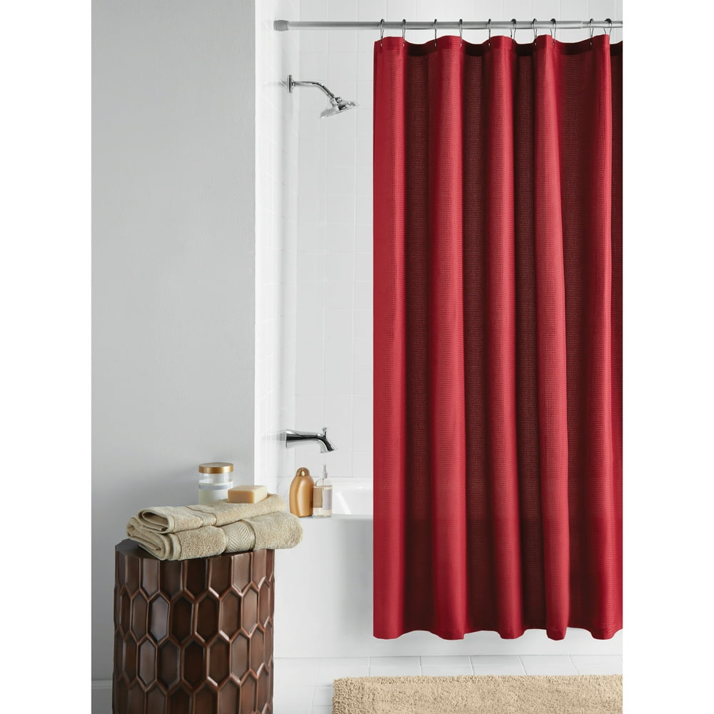 Mainstays Waffle Weave Fabric Shower Curtain, Solid, Red, 70" x 72