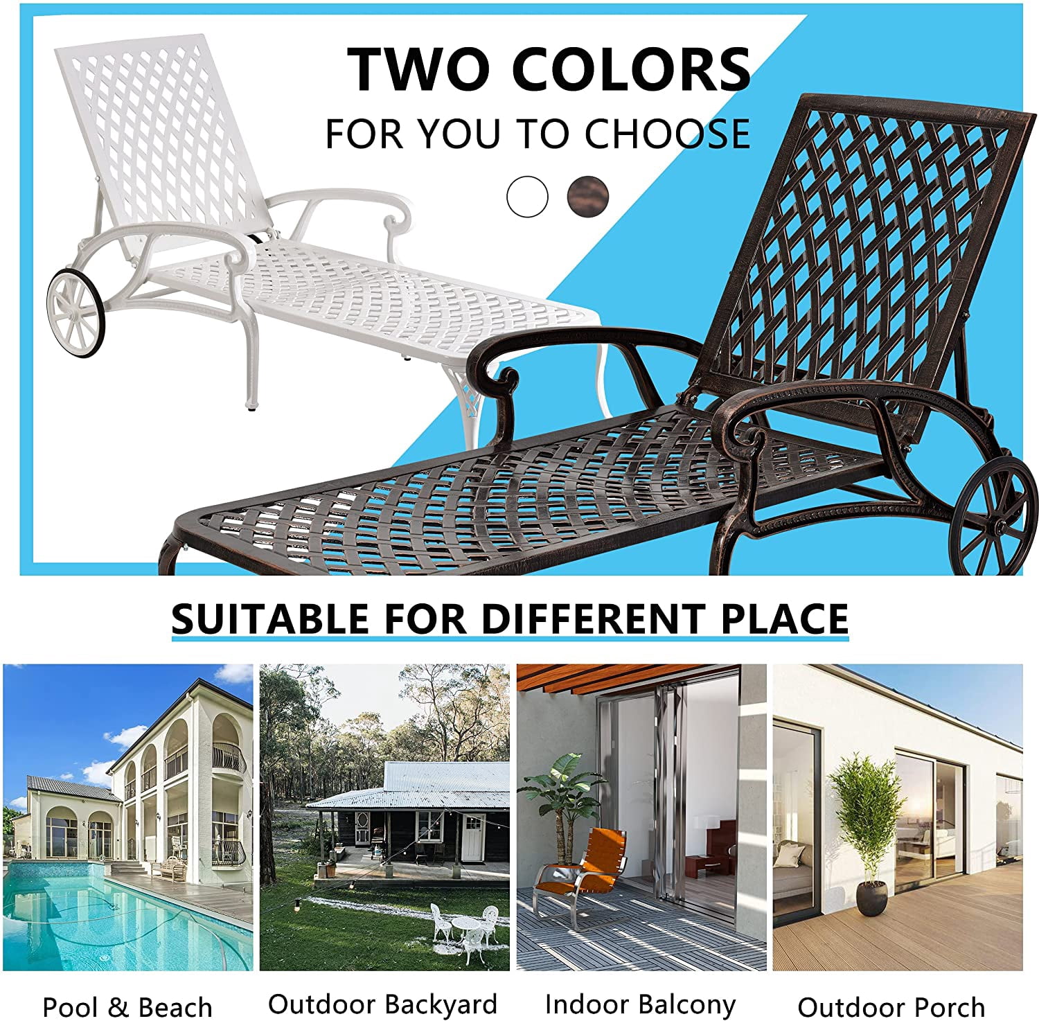 Aluminum Cast Poolside Chaise Lounge with 5 Adjustable Reclining Positions and Wheels, Weather-Resistant Outdoor Lounger for Patio and Deck, Brown