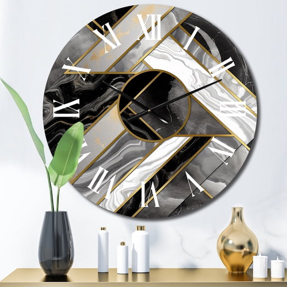 Designart "Marble Granite Agate with Gold Accents XVIII" Modern Geometric Oversized Wall Clock