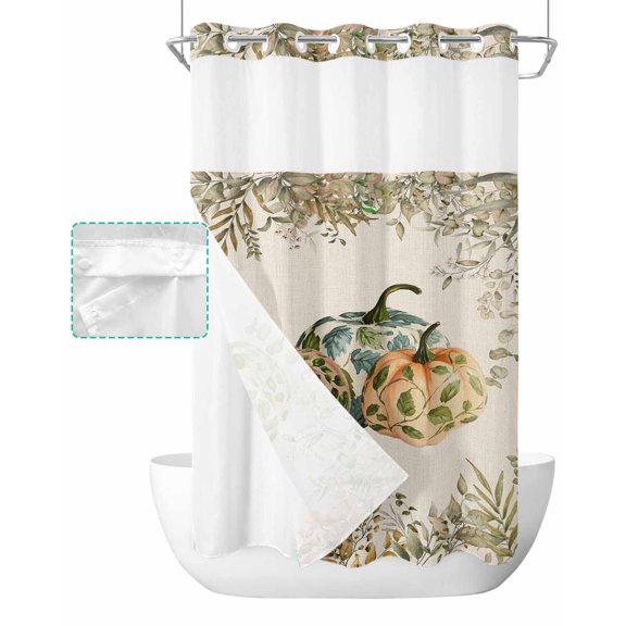 No Hook Shower Curtain with Snap in Liner, Fall Thanksgiving Pumpkin with Botanical Leaf Green Eucalyptus Leaves Linen Shower Curtains for Bathroom, Washable Liner with Mesh Top Window, 54"x78"