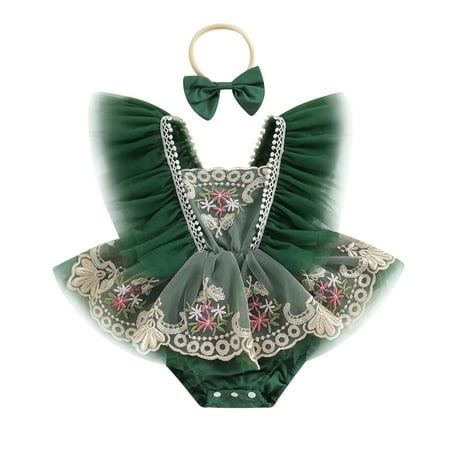 

Newborn Girl Outfit 3 6 12 18 24M Fly Sleeve Embroidery Flower Tulle Patchwork Romper Dress with Bow Hairband Summer Clothes