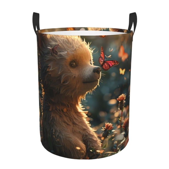 Rateoe Sunshine Butterfly Flower Bear Pattern Round Laundry Hamper Basket, Tall Hamper Basket for Blanket Storage, Nursery Clothes Hamper for Laundry in Bedroom and College Dorm-Small