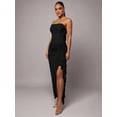 thumbnail image 4 of Black Strapless Ruched Maxi Dress With Asymmetrical Ruffle Side Slit Elegant Evening Gown, 4 of 7