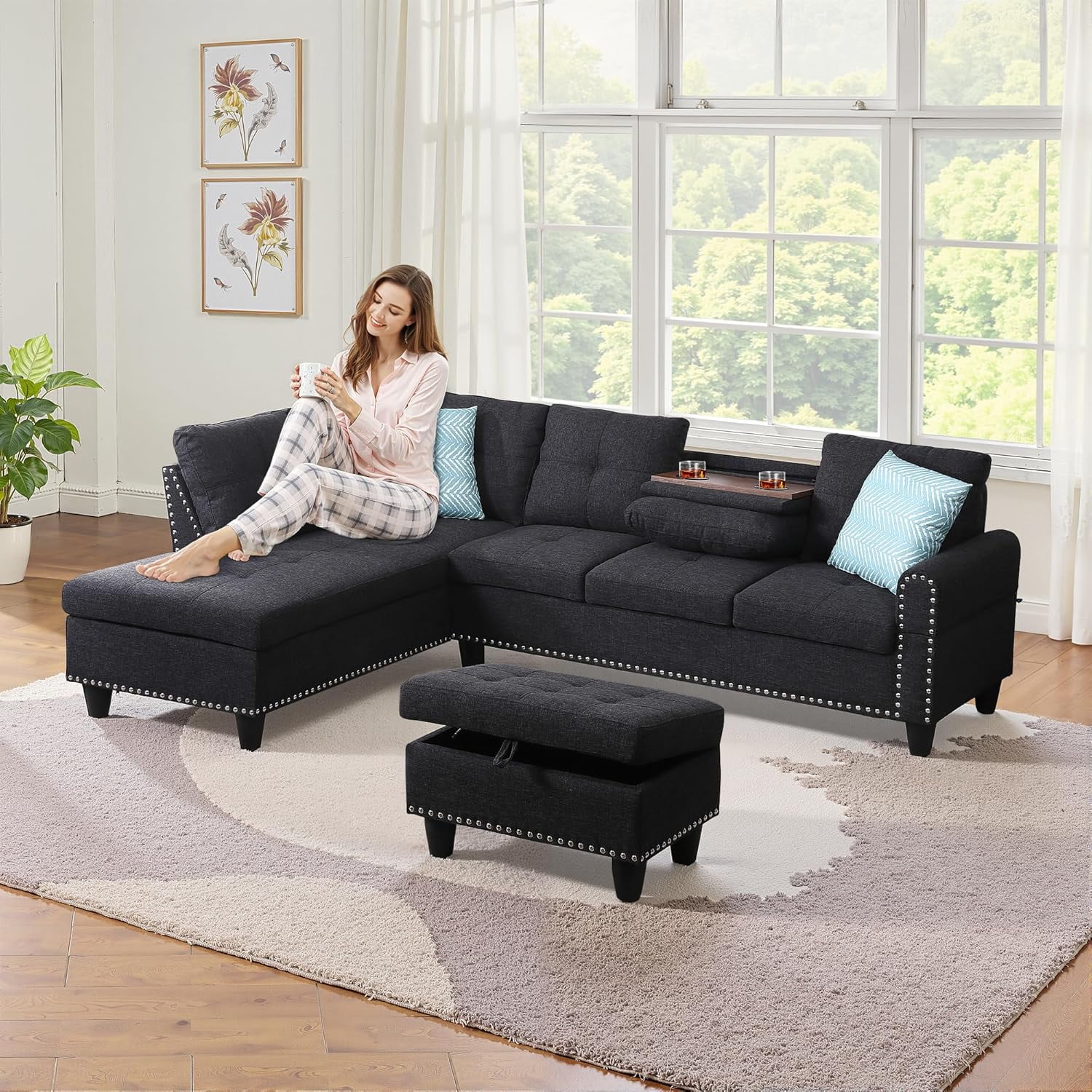 AENKYO 98" L-Shaped Sectional Sofa with Reversible Chaise, Storage Ottoman & Cup Holders, Charcoal Gray