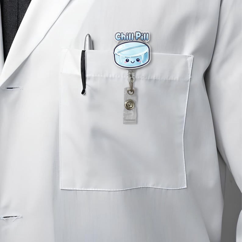 TiniDecor Chill Pill Nurse Badge Reel, Blue Retractable ID Holder, Cute Gift for RN, Med Student
