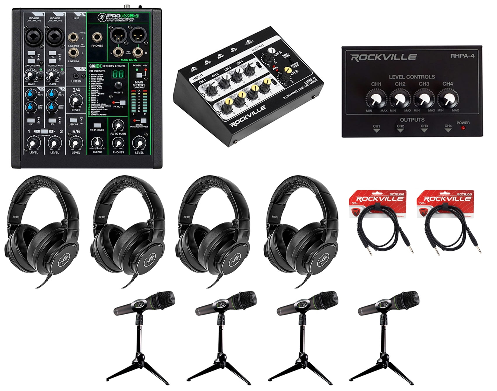 4Person Podcast Podcasting Recording Kit w/Mackie ProFX6v3 Mixer+EM