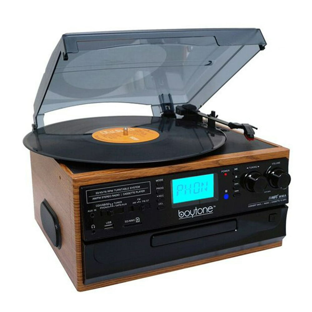 Boytone BT IN & OUT Classic Style Record Player Turntable with AM/FM Radio, Cassette Player, CD