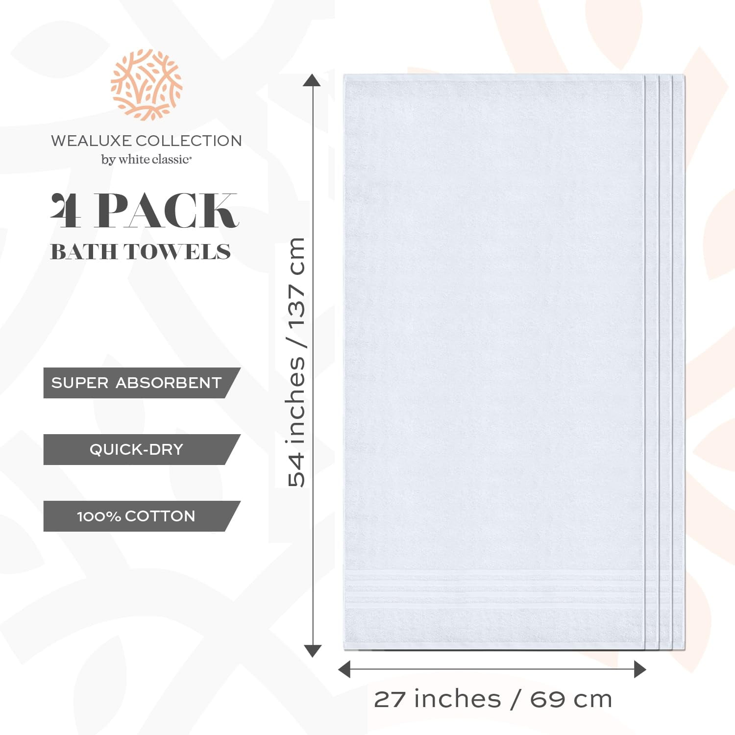 Welspun Welington Bath Towel 56L x 27W, White - Pkg Qty 3